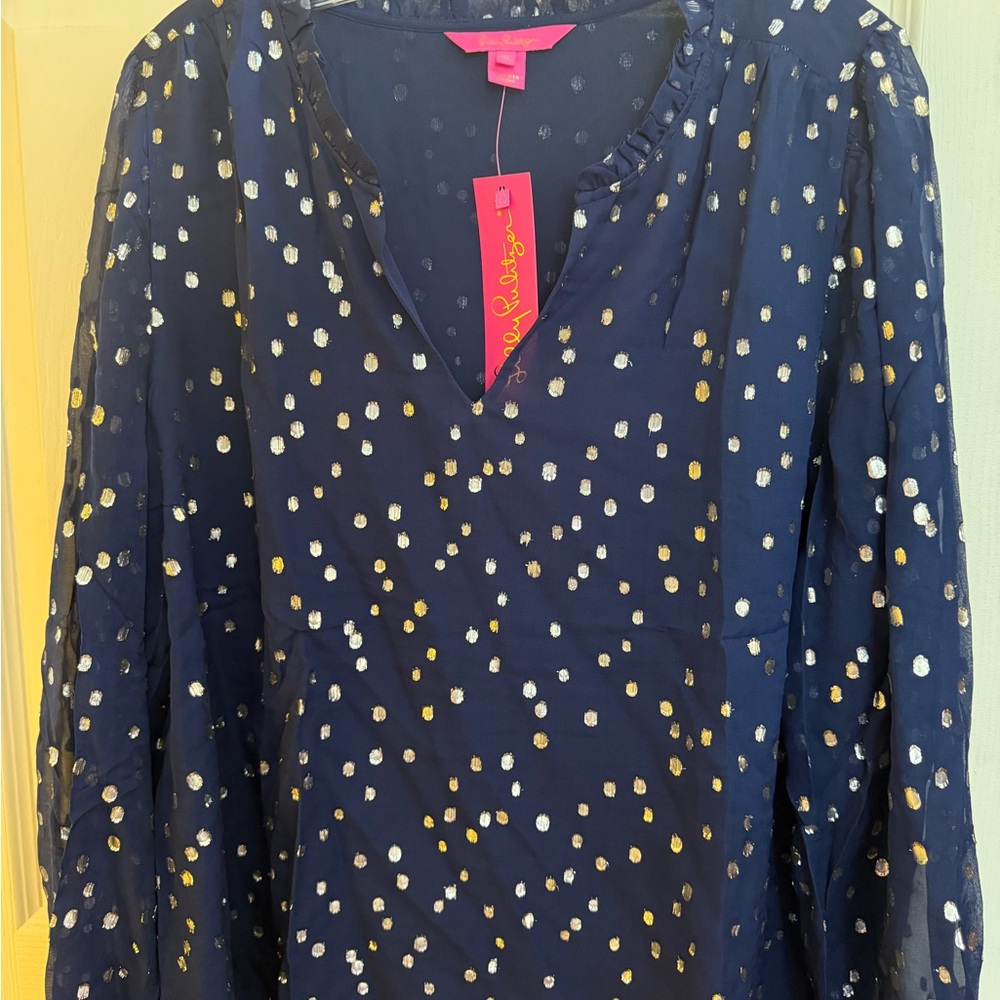 Lilly Pulitzer Blue Mandarin Collar 3/4 Sleeve Blouse